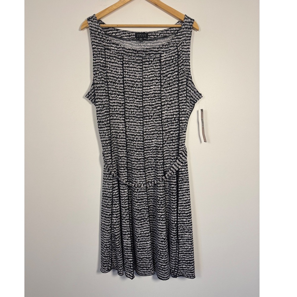 Modern Voir Voir Womens 20W Midi Dress‎ Black White Abstract Dash Tie Waist